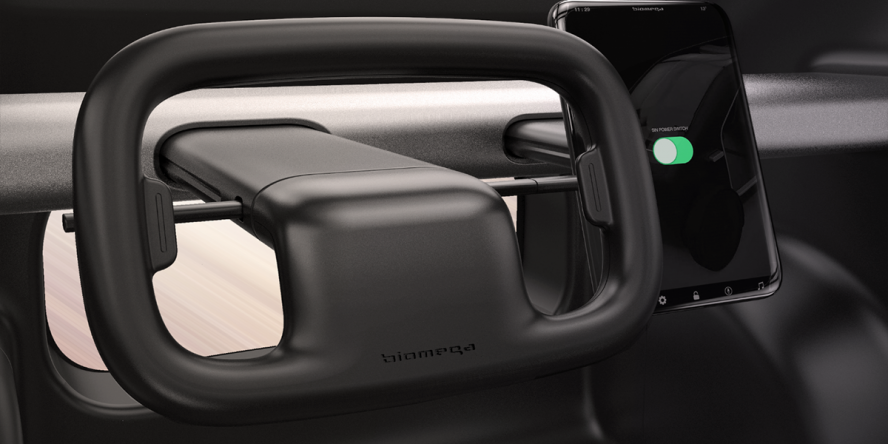 The steering wheel inside Biomega's new SIN electric car.