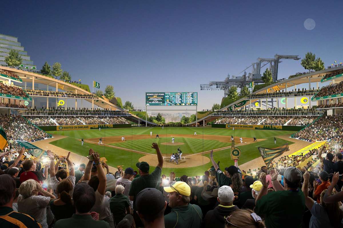 Renderings of the new Oakland Athletics Baseball Stadium at Howard Terminal.