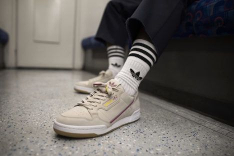 A shoe featured in Adidas and TFL's upcoming subway-themed sneaker collection for women.