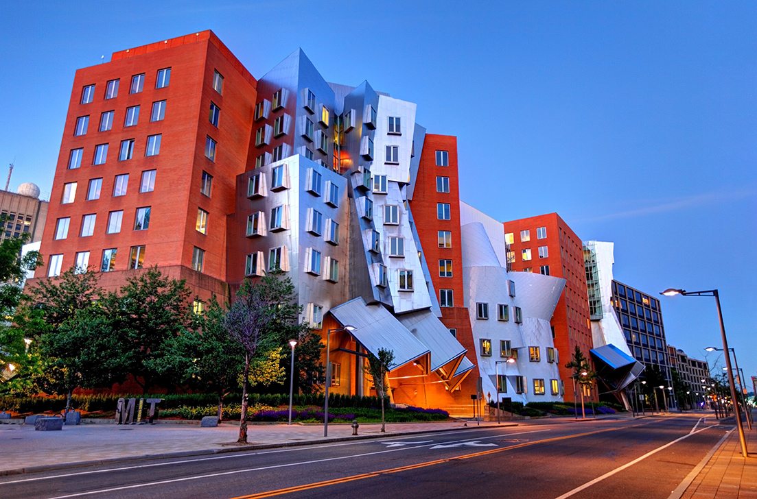The angular red and white exterior of MIT's Stata Center.