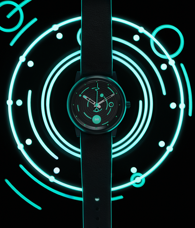 The faces of the black glow-in-the-dark watches featured in Divided by Zero's new Gamma Series.
