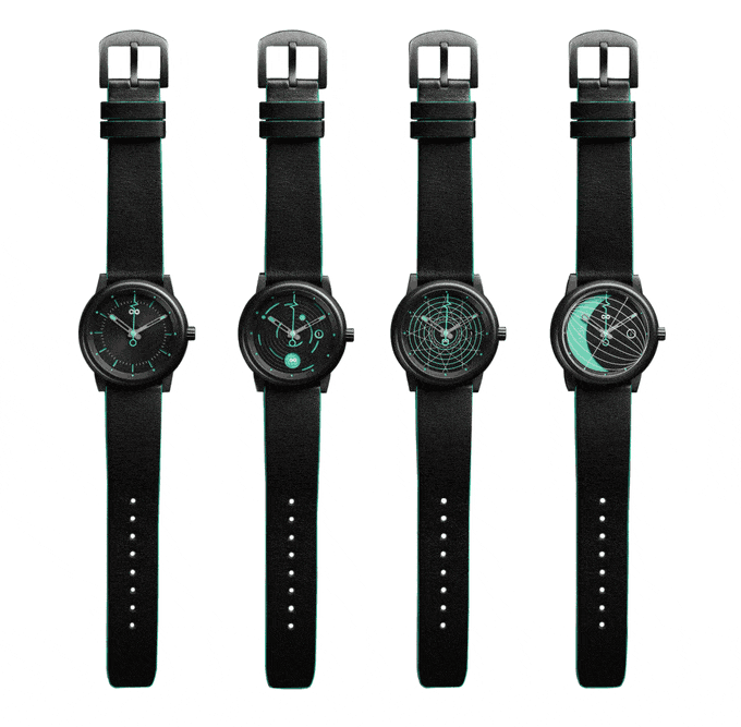 The black glow-in-the-dark watches featured in Divided by Zero's new Gamma Series.