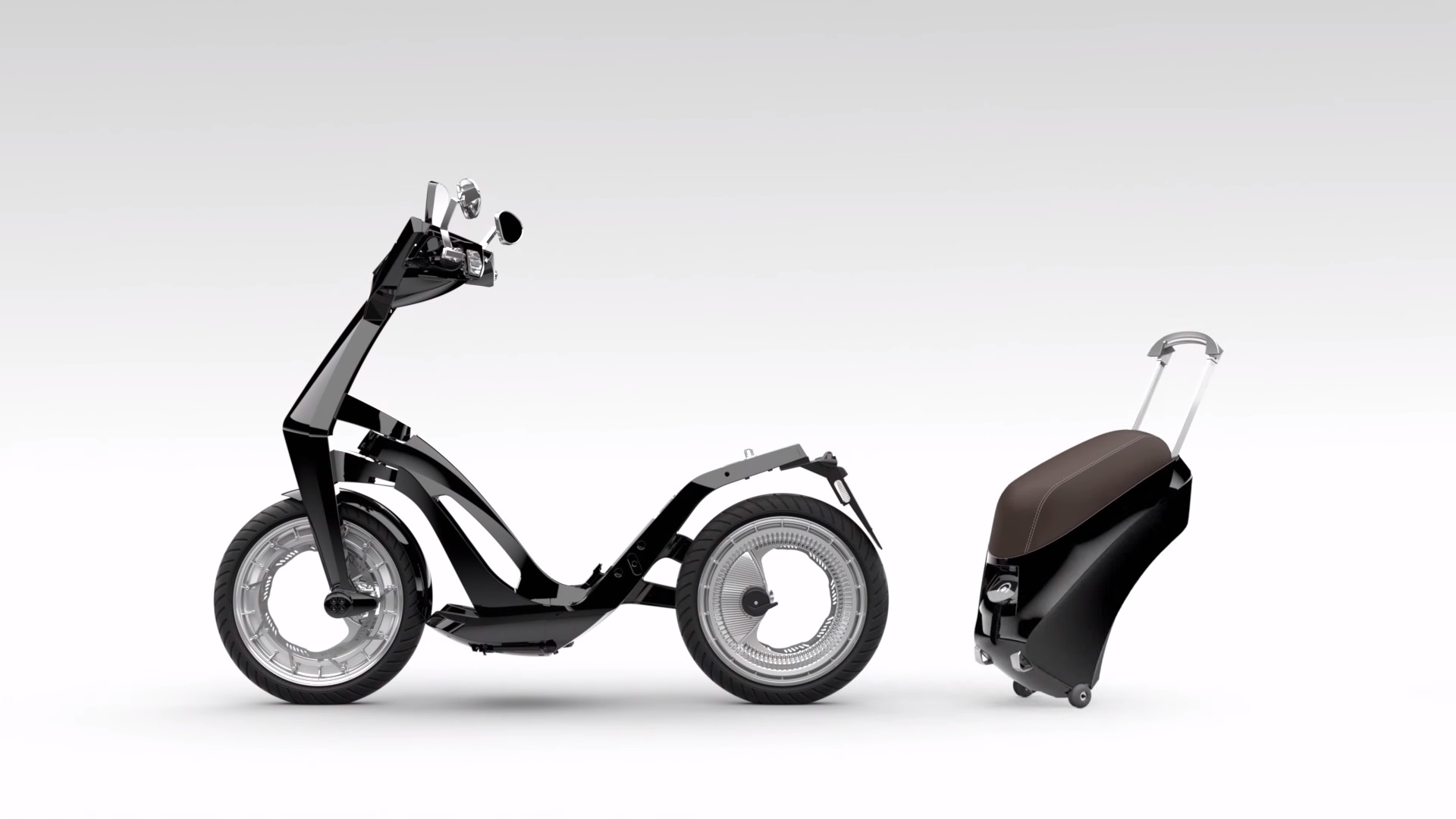 A profile of a UJET electric scooter with its protable battery pack detached. 