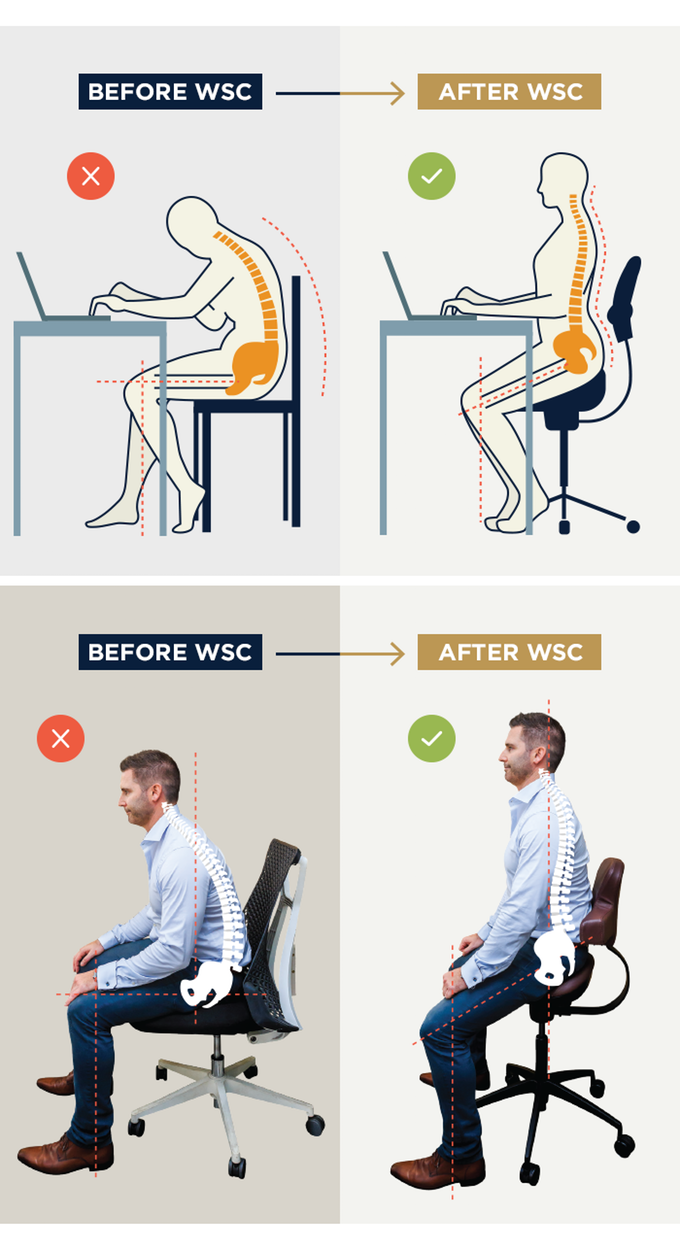 A diagram demonstrating the Workhorse Saddle Chair's posture-improving powers.