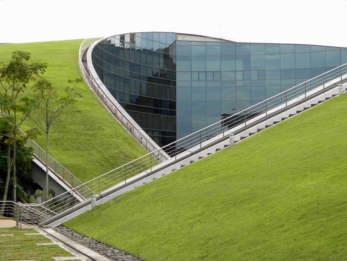 The grassy roof that runs over Nanyang Technological University's School of Art, Design, and Media.
