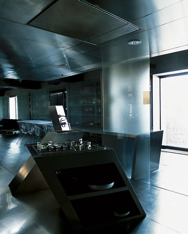 The ultramodern steel kitchen inside Francesco Bandini's 15th-Century Roman apartment.