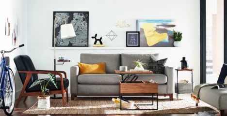 Some of the pieces featured in Amazon's new "Rivet" collection being used to furnish a living space.