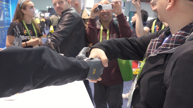Shaking hands with the Brain Robotics prosthetic arm featured at CES 2019.