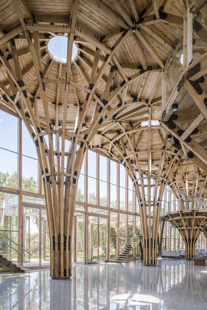 The wooden columns inside the new Longfu Life Experience Center.