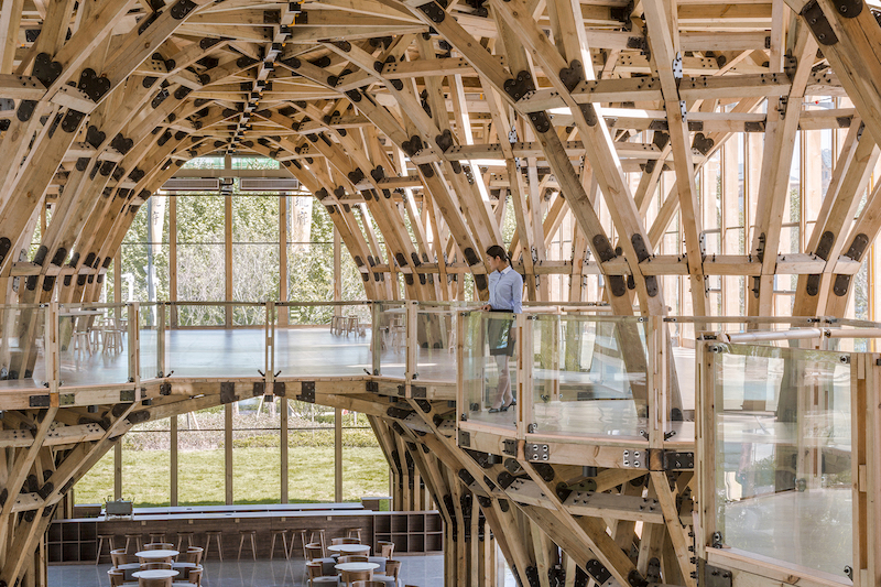 Some of the mezzanine spaces created by the timber columns in the new Longfu Life Experience Center.