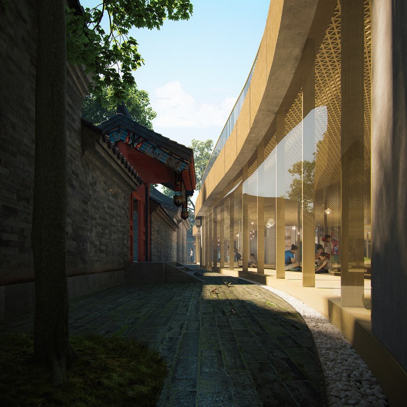 Walkway in MAD's Kindergarten Courtyard, with histroic CHinese architecture visible on the left and a modern glass classroom on the right.