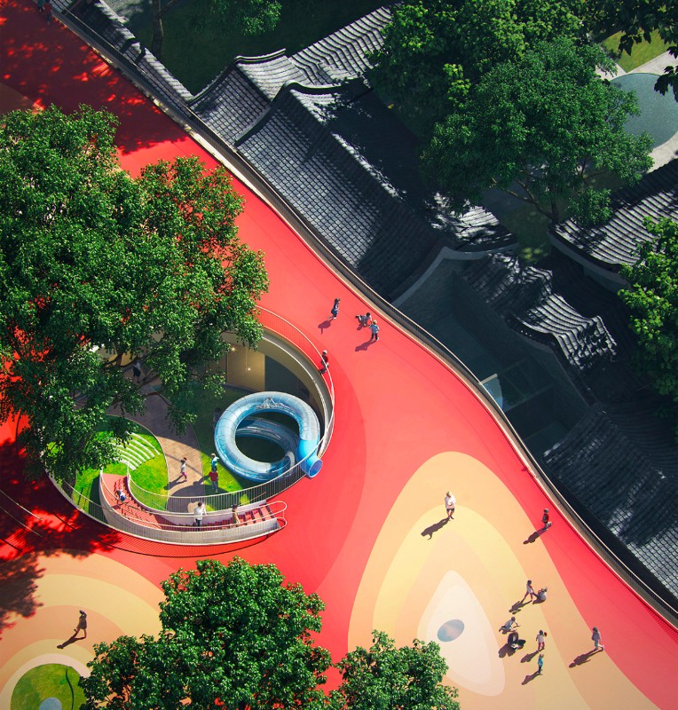 Renderings of the bright red rooftop playground that will soon hover over MAD's Courtyard Kindergarten.