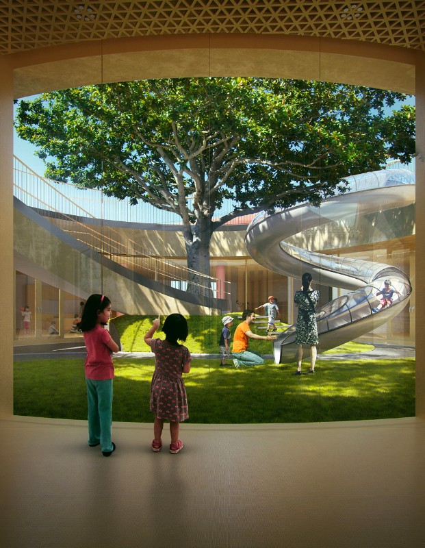 Two children peering out a glass window in MAD's Courtyard Kindergarten, with slides and a large tree visible just beyond.