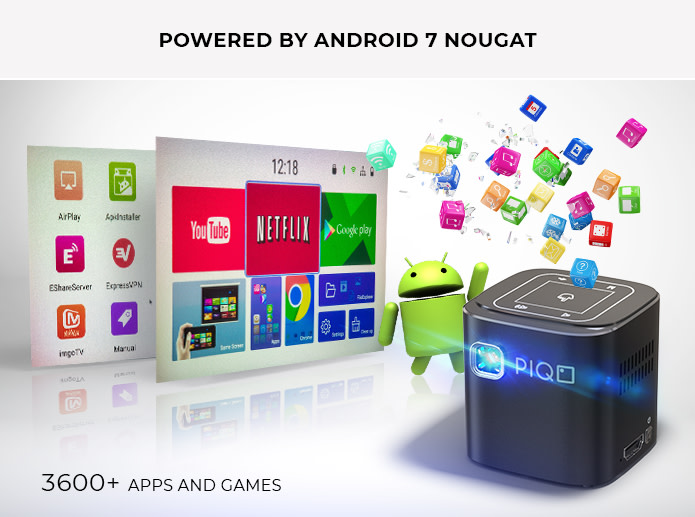 Promotional materials highlighting the PIQO tiny projector's compatibility with apps on the Google Play Store. 