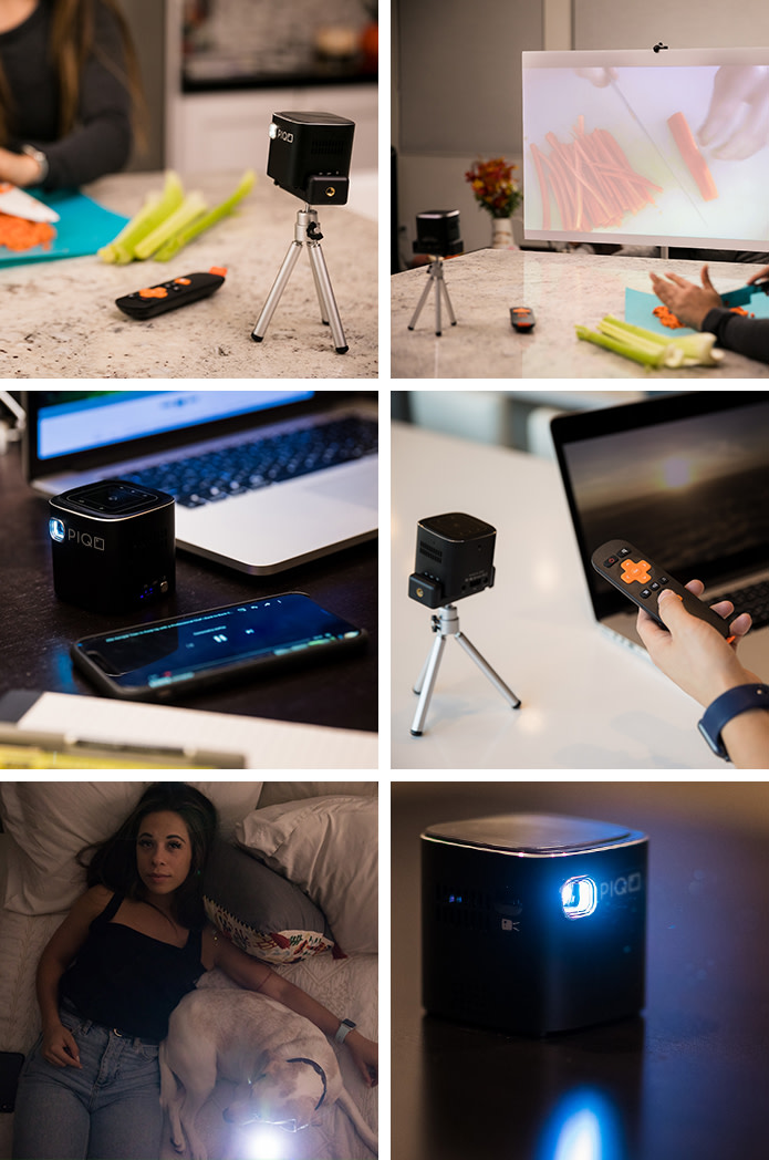 Several images of the PIQO tiny projector in action. 