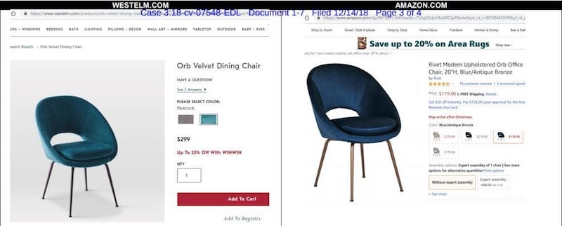 Side-by-side comparison of Amazon’s Modern Upholstered Orb Office Chair (left) and West Elm's Orb Velvet Dining Chair (right).