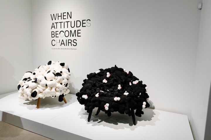 Two of the chairs featured in the new KAWSxCampana collection, as displayed in the new "When Attitudes Become Chairs" exhibition.
