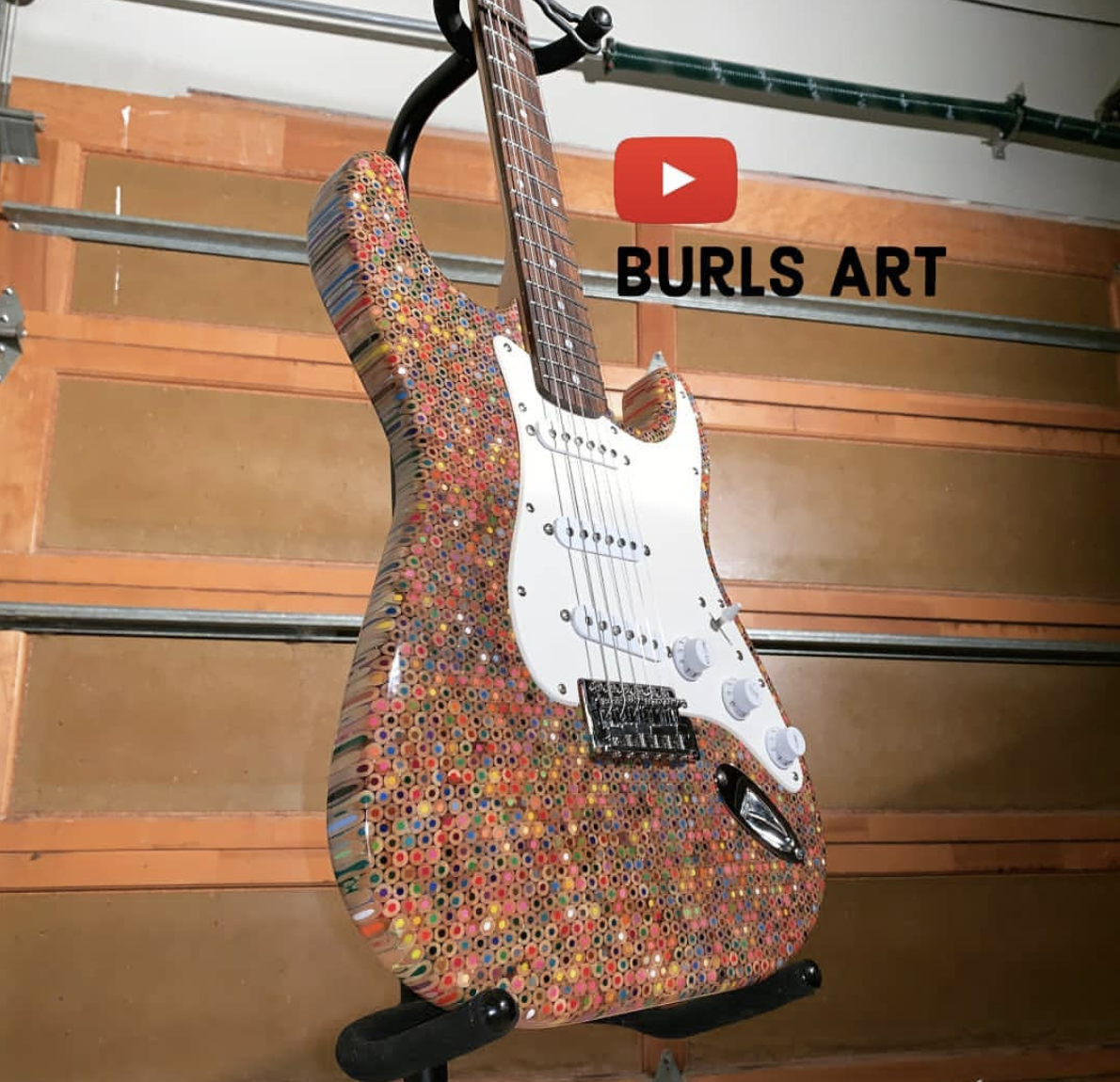 The Custom Fender Stratocaster built by Burls Art. Made entirely out of colored pencils. 