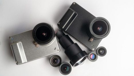 The NANO1 astronomy camera surrounded by a set of small M12 lenses.
