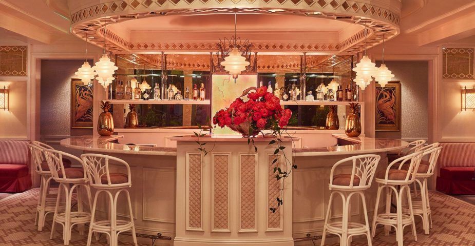 The pastel pink bar inside Pharrell Williams' new Swan Restaurant in Miami.