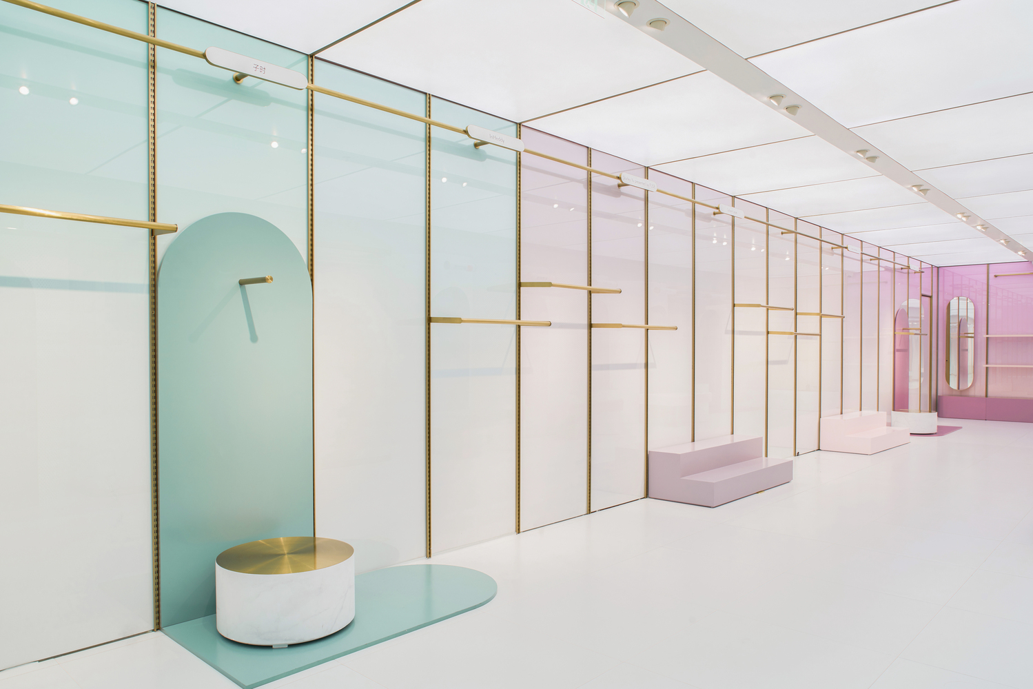 The soft pastel interiors of the new OMO Heyshop in Shanghai, China.  