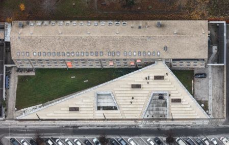 Aerial shot of the Red Cross Volunteer House's brick rooftop plaza.