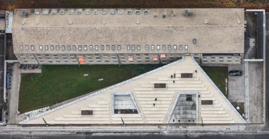 Aerial shot of the Red Cross Volunteer House's brick rooftop plaza.