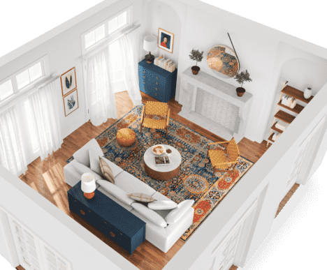 3D rendering of an interior design scheme for a living room, as generated by Modsy.