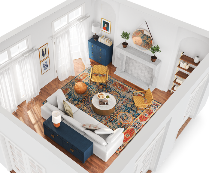 3D rendering of an interior design scheme for a living room, as generated by Modsy. 