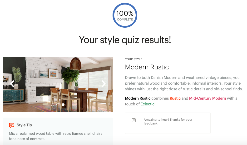 Screenshot of someone's Modsy Style Quiz results. 