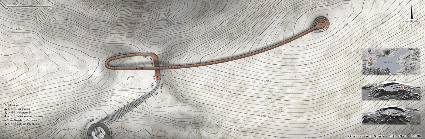 Renderings outlining the path of the of the Nemrut Caldera Observation Route.