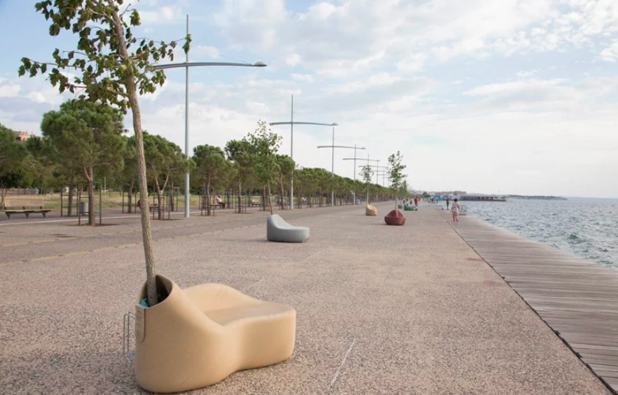 Benches created from recycled plastic waste as part of The New Raw's "Print Your City!" initiative. Located in Thessaloniki, Greece. 
