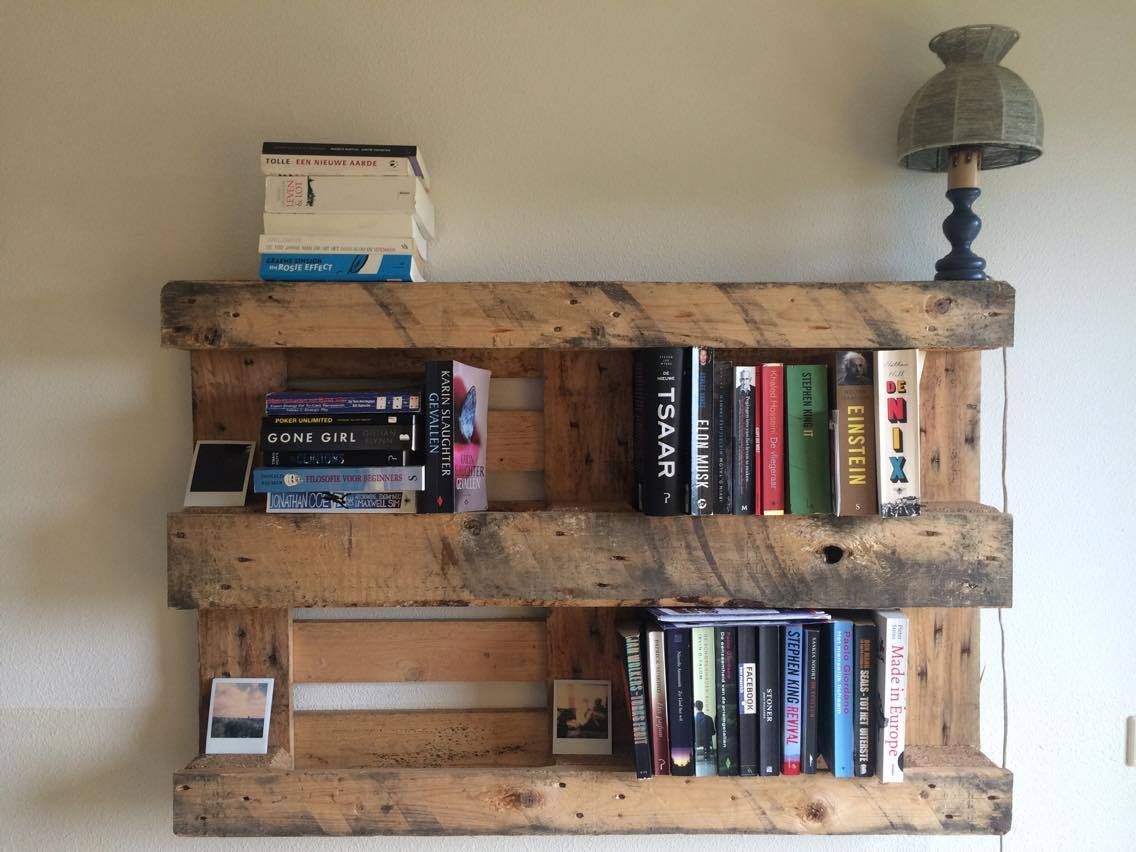 DIY shelving made from wood pallets.