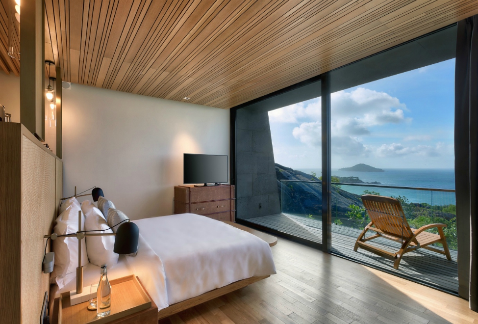 One of the bedrooms inside the small villas at Six Senses Zil Pasyon.