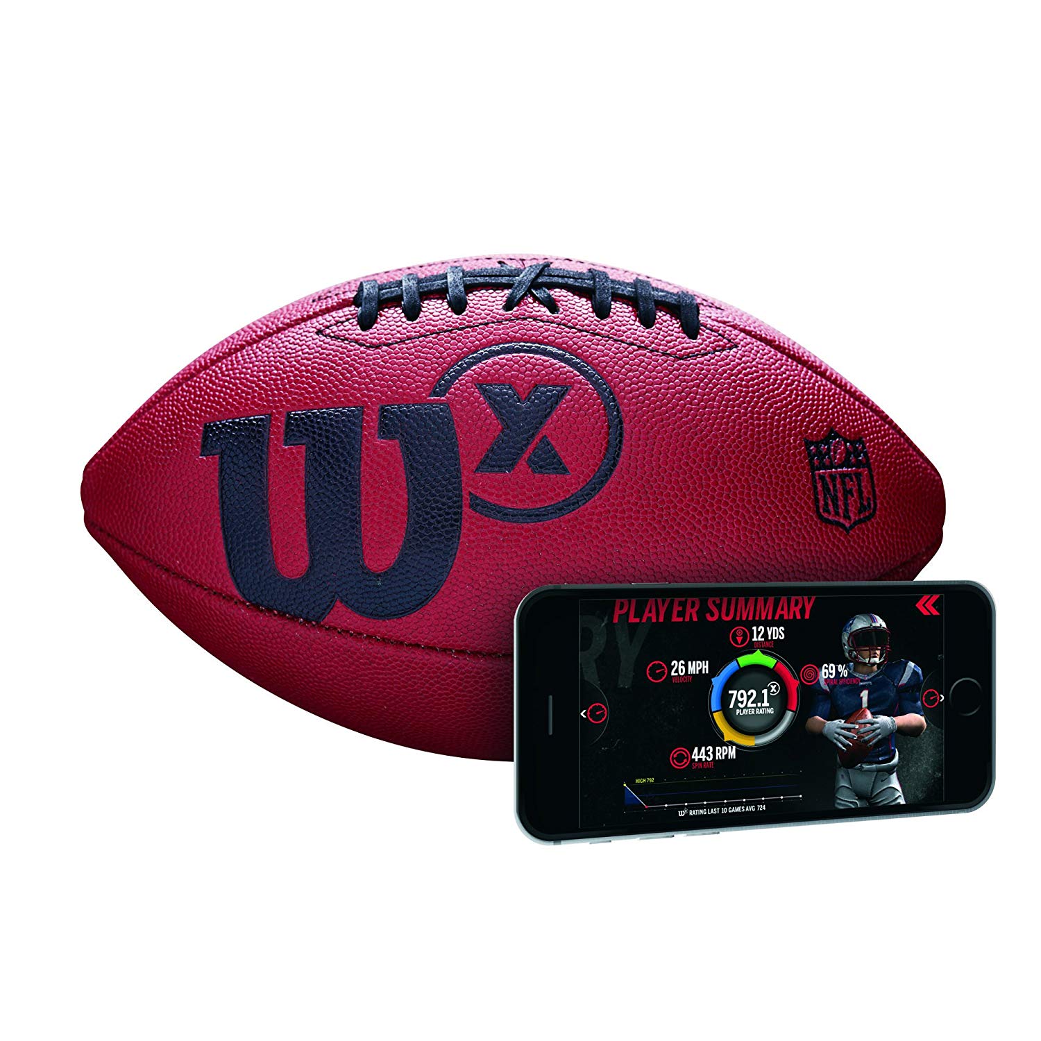 The Wilson X Smart Football, with a smartphone right beside it.