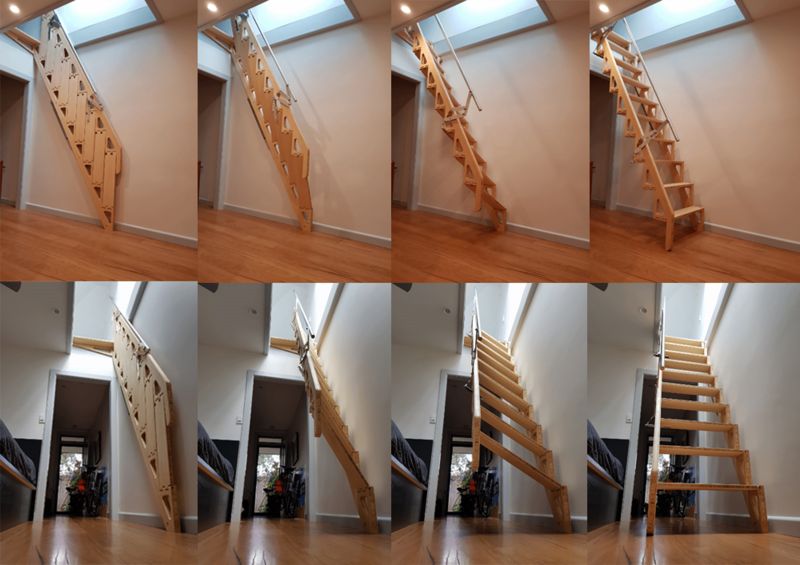 A succession of several images depicting the Hybrid Stair at every point of being opened and closed.