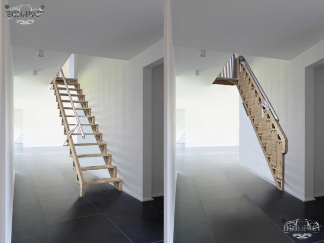 Side-by-side image showing the Hybrid Stair both fully open and fully folded into the wall.