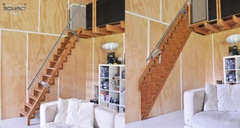 Side-by-side image showing the Hybrid Stair both fully open and fully folded into the wall.