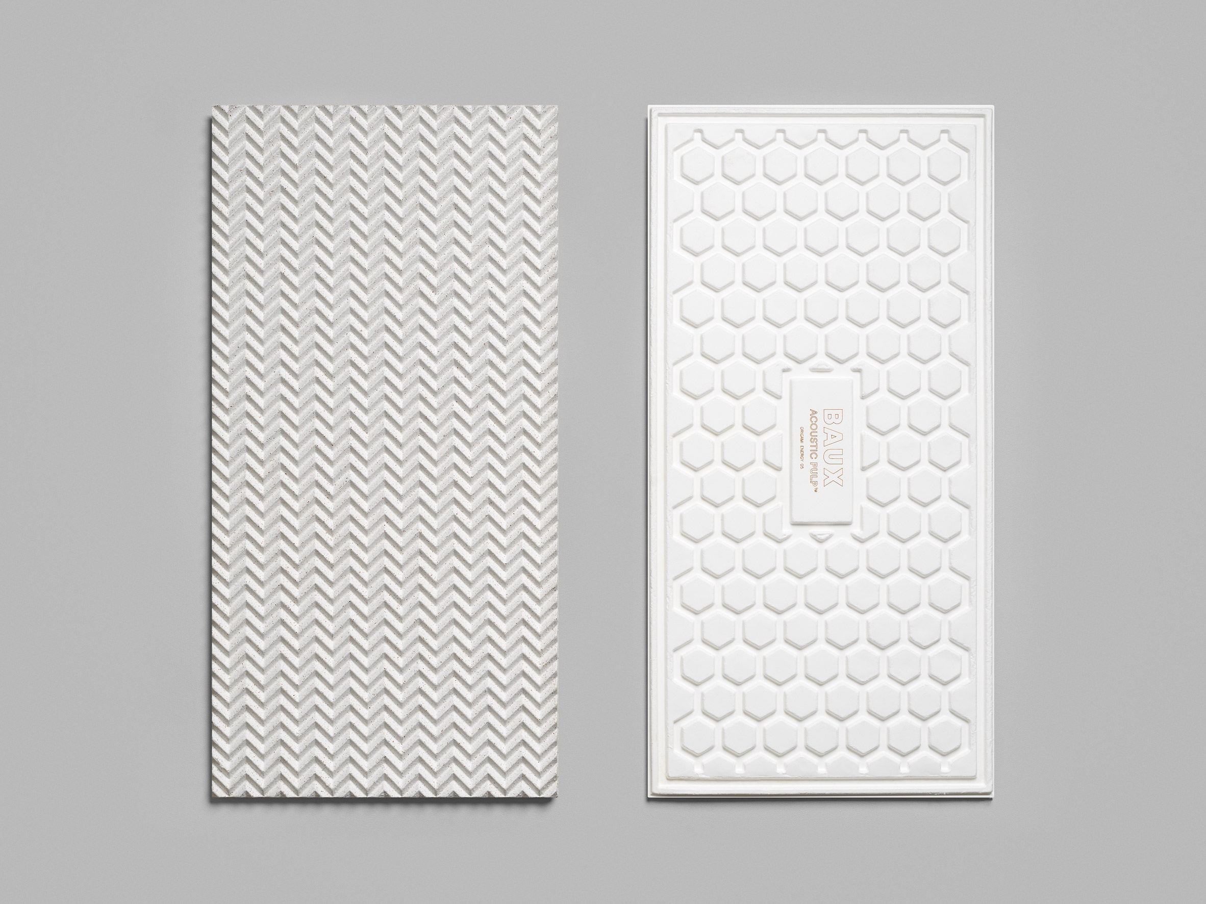 Bio-based acoustic pulp panels, created by Form Us With love in collaboration with BAUX. 