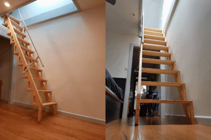 A fully open Hybrid Staircase, as viewed from two different angles.