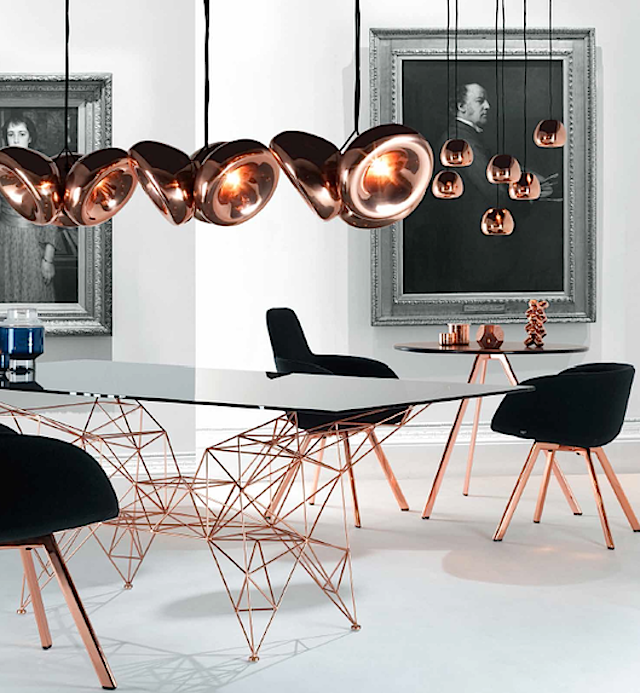 An interior design that relies heavily on the recent "rose gold" color trend. 