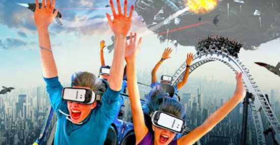 Images of riders experiencing Six Flags' new immersive VR roller coasters.
