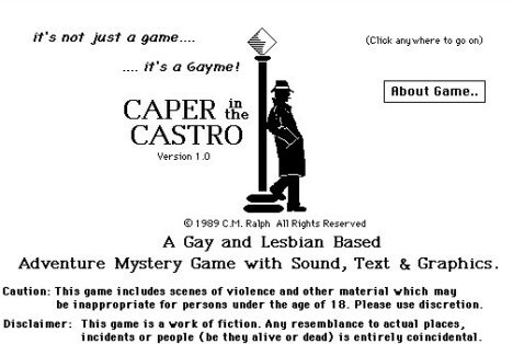 Title screen for the 1989 video game "Caper in the Castro" - an early example of LGBTQ influence in the gaming world.