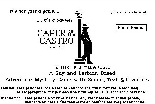 Title screen for the 1989 video game "Caper in the Castro" - an early example of LGBTQ influence in the gaming world. 
