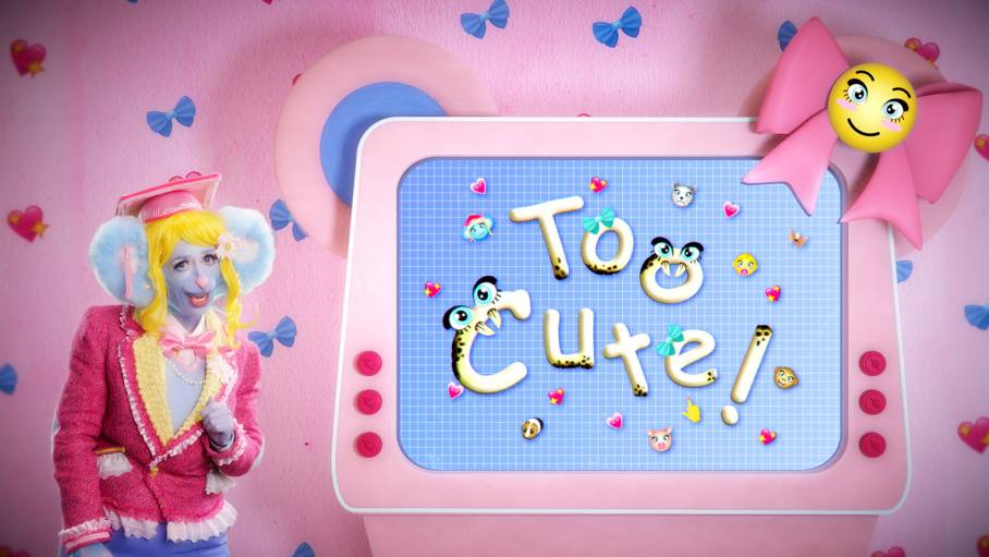 Still from the introductory video to Rachel Maclean's "Too Cute!" exhibit, with Maclean herself featuring as the character "Dr. Cute."