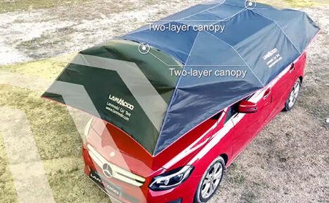 The Lanmodo Car Tent protecting a car from bed weather.