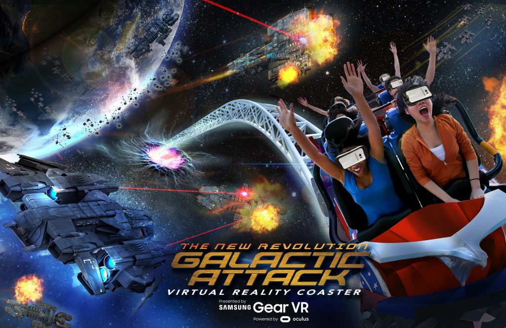 Images of riders experiencing Six Flags' new immersive VR roller coasters.