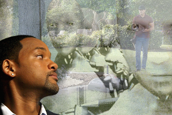 Overlay of Will Smith form the film "iRobot" and iRobot's Terra robotic lawn mower. 