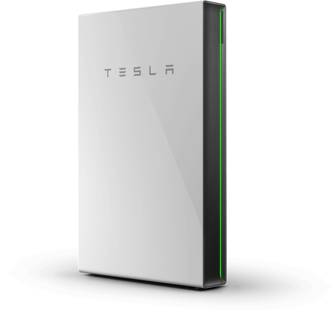 Tesla Powerwall Battery in front of a white backdrop.