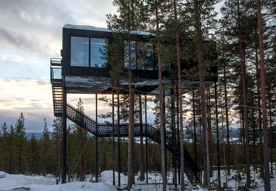 "The 7th Room," one of several unique treehouse lodgings available at Sweden's Treehotel. 